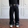 Jeans patchwork bordado com padrão de losangos roxos estilo americano, nicho, novo, solto, casual, perna reta, levemente boca de sino, para homens e mulheres