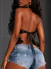 Top Corto de Cuello Halter Cruzado en Piel Sintética con Cintura Recortada, Dobladillo Fruncido y Cintura Expuesta, Estilo Sexy de Chica Caliente Camiseta sin Mangas Corta