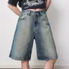 Jeans Wide-Leg Patchwork Desgastado Estilo Retrô de Hong Kong Laranja Infantil para Mulheres, Caimento Solto, Emagrecedor, Valoriza a Silhueta, Calça de Cinco Pontos Versátil.