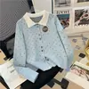 Cardigan de lapela com bordado de bolinhas estilo coreano transfronteiriço para mulheres, top de malha curto versátil, suave e estiloso