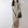 Vestido de punto de lana 100% de cuello alto, longitud media hasta la rodilla para mujer, jersey de manga larga, color liso, vestido recto de una sola pieza
