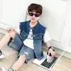 Conjunto de Verão para Meninos em Jeans com Bordado de Letras Estilo Coreano Roupa Estilosa de Manga Curta para Crianças Roupas Infantis de Comércio Exterior