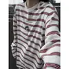 Camiseta listrada de gola redonda e manga longa, unissex, estilo outono, retrô americano, modelagem solta, casual, moderna e versátil