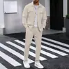 Conjunto de Dos Piezas de Punto Waffle de Manga Larga y Pantalón Largo Otoño Nuevo Europeo y Americano Color Sólido Camisa Cárdigan de Trabajo con Doble Bolsillo