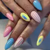 Macaron color-blocking raya de pez forma de almendra larga uñas postizas a presión dopamina desmontables uñas postizas producto terminado