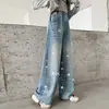 Jeans de Mezclilla para Niñas para Primavera y Otoño, Pantalones de Pierna Ancha Versátiles con Tachuelas de Pedrería, Estilo Coreano de Corte Holgado para Niños Mayores, Pantalones de Primavera para Niños