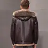 Abrigo de Piel con Capucha para Hombre con Cuello de Piel de Mapache, Piel Genuina Engrosada, Corte Ajustado, Piel de Oveja Pura Integrada