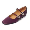 Zapatos Mary Jane de doble botonadura de piel de vaca de primera capa para mujer, zapatos de tacón bajo de una sola pieza, nuevo estilo de otoño, punta cuadrada, boca con pedrería, zapatos de una sola pieza de boca poco profunda para mujer