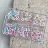 Caja de 6 Compartimentos con Lazos Estampado Leopardo, Pedrería Blanca Puntiaguda, Pequeñas Flores para Decoración de Uñas, Lazos Aurora para Decoración de Uñas, Ins