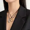 Colgante Metálico Geométrico Hueco Irregular Único Cadena para Suéter Cordón de Cuero Negro Collar Largo Cadena para Clavícula Ajustable Accesorio
