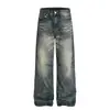 Jeans Rasgado Lavado Estilo Retrô Americano Empilhado para Homens e Mulheres, Novo Estilo de Rua de Outono Calças Retas Largas com Bigodes
