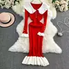 2026 Primavera, Outono e Inverno Roupas Femininas Estilo Coreano Patchwork Ajuste Slim Elegante Vestido de Tricô com Babados Emagrecimento Vestido Longo 6983