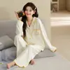 Pijama de algodón puro de manga larga y pantalón largo para otoño, estilo cárdigan con solapa, para mujer, de dibujos animados, lindo, dulce, ropa de casa 100% algodón, conjunto de dos piezas