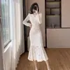 Vestido de Cola de Pescado de Encaje Peludo de Manga Larga con Cuello en V, Elegante, de Alta Gama, con Estilo, Retro, Vestido Largo de Noche