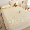 Juego de Sábana Acolchada de Algodón Puff de Doble Capa con Estampado Floral de Dibujos Animados, Juego de Tres Piezas, Protector de Colchón, Funda de Almohada Individual