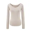 2617-26 Camiseta básica lisa de manga larga con cuello en V y hombros descubiertos, top de verano estilo coreano ajustado de un solo hombro