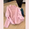Tienda insignia Shanghai Danong / Suéter pullover rosa holgado con cuello polo de lana de oveja forrado de polar, con un toque casual y sofisticado para mujer