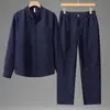 Estilo Old Money Camisa Casual de Tencel y Lino Holgada con Cuello Mao Pantalón Largo para Hombre Conjunto de Cárdigan