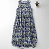 2026 Nuevo Vestido Floral de Glicinia de Verano Algodón y Lino Estampado Cuello Redondo Sin Mangas Chaleco Falda Plisada