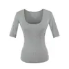 Camiseta de Color Sólido con Bolsillo Adornado, Cuello en U, Manga Media, Estilo Puro Deseo, Nueva Versátil de Verano, Ajustada, Favorecedora, Top Básico Hot Girl para Mujer