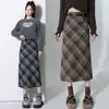 Saia Plaid de Lã Feminina 2026 Outono/Inverno Cintura Alta Linha A Bodycon Fenda Longa Plaid com Cinto