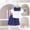 Ropa para Niñas de Dos Piezas, Verano, Cuello Marino, Manga Corta y Falda Corta Azul Marino, Estilo Academia Casual Versátil, En Stock