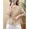 Camisa Bordada de Algodón Lino Artística Retro para Mujer 2026 Verano Delgado Transpirable Manga de Cinco Puntas Top Suelto Adelgazante