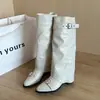 Outono/Inverno 2026 Novo Estilo Coreano Moda Fivela Botas de Cano Alto Femininas Garota Picante Bico Fino Salto Bloco Emagrecimento Empilhadas Botas de Cavaleiro