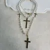 Colar de Pérola com Cruz Cravejada de Diamantes Multi-Camadas Estilo Francês Levemente Luxuoso Doce Cool Moda Europeia e Americana Personalidade Única Corrente para Clavícula Novo Modelo