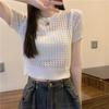 Camisa de Tricô Vazada com Senso de Design Camiseta de Manga Curta Feminina de Verão Nicho Chique Peça Externa Curta Top de Cintura Alta Blusa de Ombro a Ombro