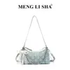 Bolso de mezclilla cruzado estilo ins, dulce y picante, con forma de media luna, patrón de diamantes, lazo de pedrería, correa de cadena, para hombro, cruzado y de mano para mujer