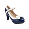 Sapatos Femininos de Camada Única para Primavera e Outono Couro Envernizado Blocos de Cor Laço Bico Redondo Salto Fino Salto Alto Salto Alto Sapatos Femininos Doce Sapatos de Princesa