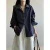 Camisa retro de estilo japonés a rayas azul marino de manga larga para mujer, primavera y otoño, con un diseño elegante, holgada y casual, camisa versátil para ir al trabajo