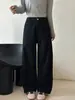 Pantalones de trabajo retro lavados elásticos de cintura alta para mujer, estilo primavera y otoño, corte holgado, versátiles, pantalones casuales de pierna recta ajustada y pierna ancha