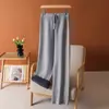Calças de Lã Aveludada Grossa de Cintura Alta para Outono e Inverno Femininas Calças de Perna Larga Calças Retas Estreitas de Malha Roupa Externa Casual Calças Longas