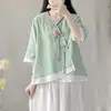 Nueva camisa estilo chino con tapeta diagonal y cierre de botones, mezcla de algodón y lino de verano para mujer, diseño Hanfu modernizado, vestido tipo túnica inspirado en el Zen, top estilo étnico, adecuado para figuras petite