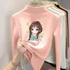 Ropa interior para niñas con forro polar, nuevo estilo otoño/invierno, manga larga, a la moda, cuello semi-alto, cálida, top estampado para niñas pequeñas y grandes