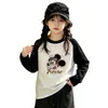 Camiseta de algodão puro de manga comprida para meninas para primavera e outono, estilo coreano infantil de desenho animado, nova chegada, top estiloso, camada base casual