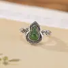 Anillo Yilu de Plata de Ley S925 con Jaspe de Jade Hetian Natural Patrón de Pergamino Antiguo Rústico Calabaza Anillo Abierto de Plata