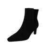 Botines cortos de piel de oveja con punta cuadrada para mujer, tacones de aguja altos, botines, nuevo estilo otoño e invierno, cremallera lateral, versión coreana, botines cortos de cuero genuino para mujer
