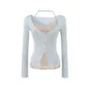 Camiseta de Encaje Hueco con Cuello en V de Manga Larga Falsa de Dos Piezas para Mujer 2026 Diseño Otoñal Cintura Ceñida Adelgazante Puro Deseo Hombro Estándar