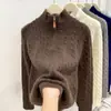 Suéter Macio de Tricô Solto com Gola Alta e Meio Zíper para Mulheres, Nova Blusa Base Top com Design Torcido Vintage Outono e Inverno