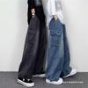 Calça Cargo Wide Leg Retro Japonesa com Bolsos Grandes para Homens, Nova Tendência Primavera e Verão Marca Ins Unissex Jeans Reto Solto