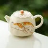Tetera Pequeña de Cerámica con Esmalte Beige y Gato Naranja de la Suerte para Uso Doméstico, Tetera de Cerámica de Alta Gama con Filtro, Juego de Té Kung Fu