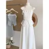2026 Conjunto Simples de Top de Renda Assimétrico Sem Mangas + Saia Longa Flare Estilo Férias Camisola
