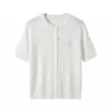 Top de punto bordado de manga corta para mujer, nuevo estilo verano 2026, chic estilo francés, corto, hombro normal, cuello redondo, blanco