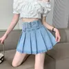Foto Real de Falda Plisada de Mezclilla Nueva Tendencia 2025 Estilo Influencer para Mujer, de Cintura Alta, Adelgazante, Versátil Falda Media Plisada en Azul