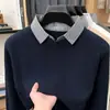 Suéter grosso falso de duas peças transfronteiriço para homens, nova moda outono/inverno 2026, gola de camisa casual, malha masculina quente