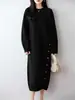 Vestido Casual de Lana Pura para Mujer, Otoño e Invierno Engrosado Cuello Redondo Botón Lateral Holgado Por Encima de la Rodilla Vestido Suéter de Punto Midi