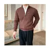 Jaqueta Cardigan de Tricô Masculino Espessa com Gola Alta Cor Sólida para Outono e Inverno, Tricô Masculino Cor Sólida em Azul Marinho